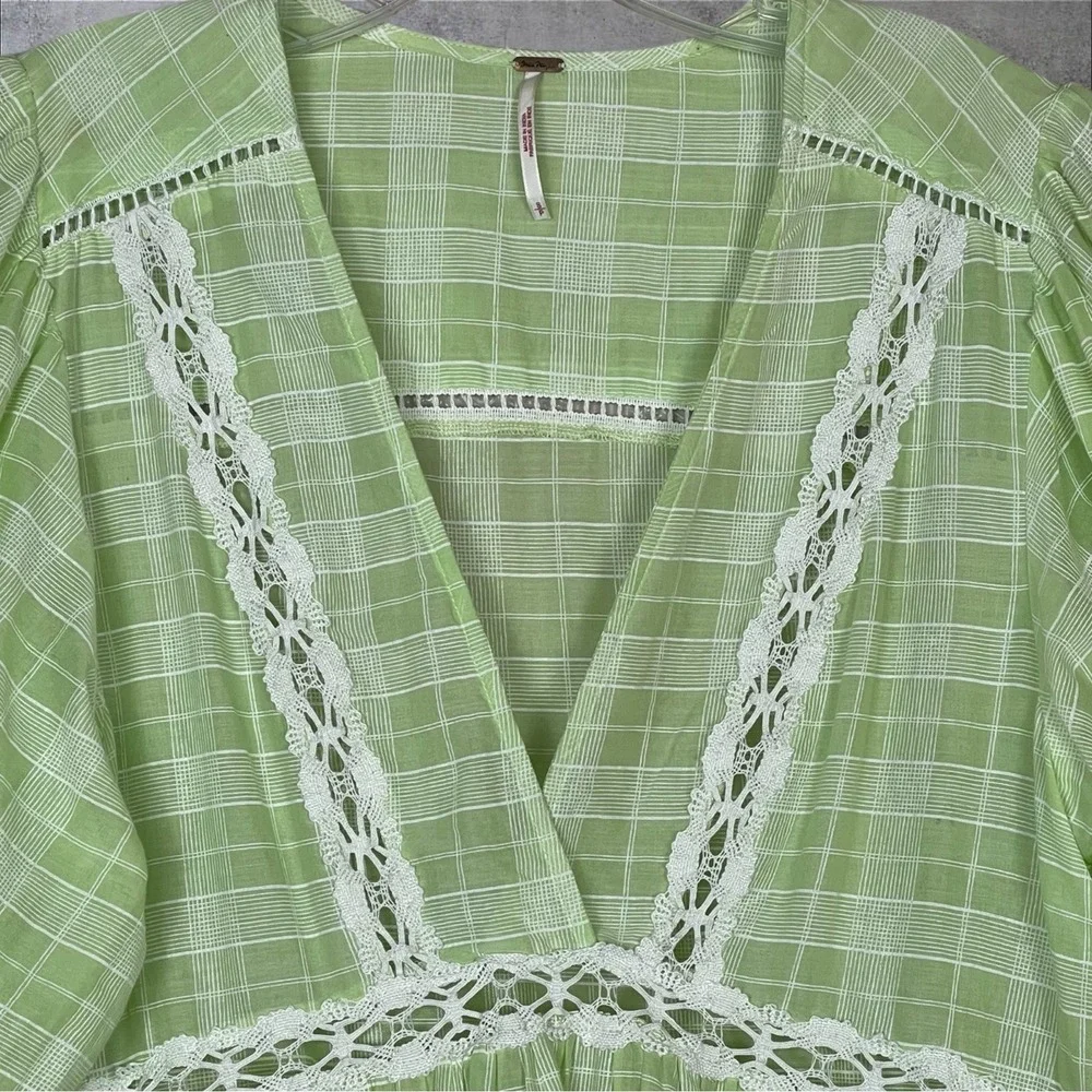 Free People Green Plaid Babydoll Tunic Mini Dress Womens S Oversized Tiered Boho